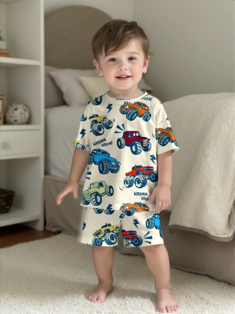 SHEIN طقم قميص وسروال قصير كاجوال فضفاض مطبوع برسوم شاحنة دفع رباعي لطفل/طفل صغير ، مجموعة من قطعتين للصيف