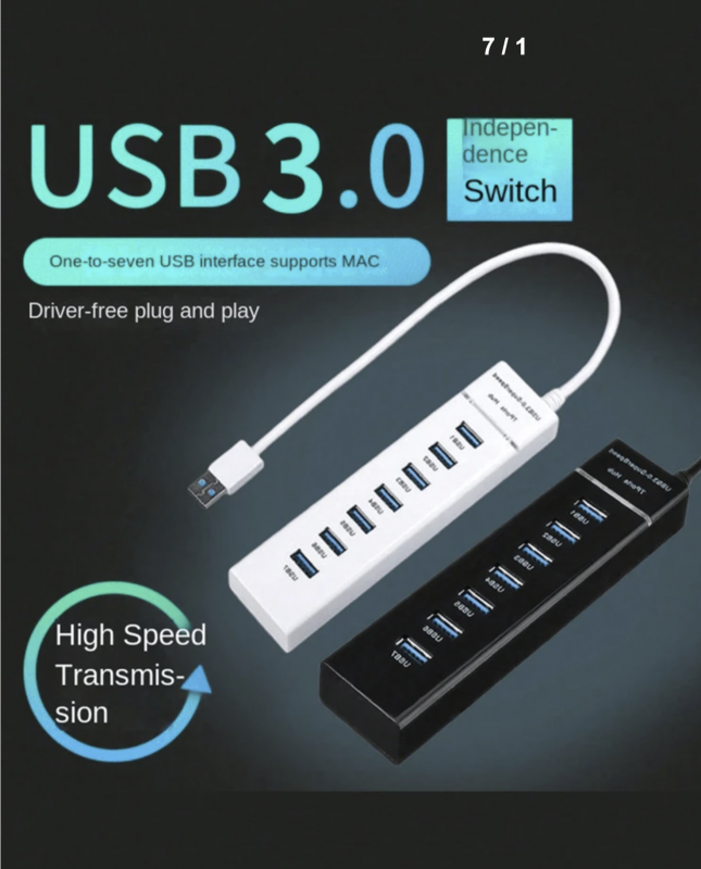 4-منافذ محور USB 3.0 مع شريط إضاءة، محول متعدد المنافذ USB عالي السرعة لأجهزة الكمبيوتر المحمول والكمبيوتر، وهذا الموزع يوسع منافذ USB إلى 7 منافذ