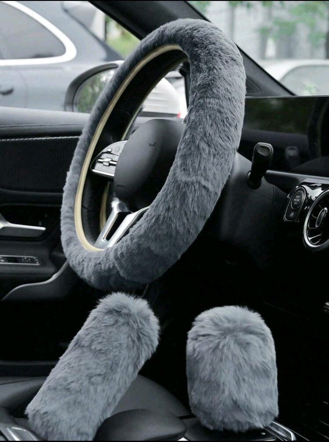 طقم غطاء عجلة القيادة للسيارة، غطاء مقبض ناقل الحركة وغطاء فرامل اليد، مادة بلوشية دافئة للشتاء، يناسب المقاسات العالمية لملحقات السيارة الداخلية